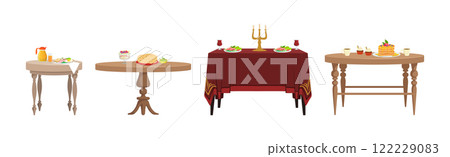 Served Table with Plating and Meal Setting Vector Set Served Table with Plating and Meal Setting Vector Set 122229083