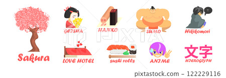 Japanese Famous Object and Symbol with Inscription Vector Set 122229116