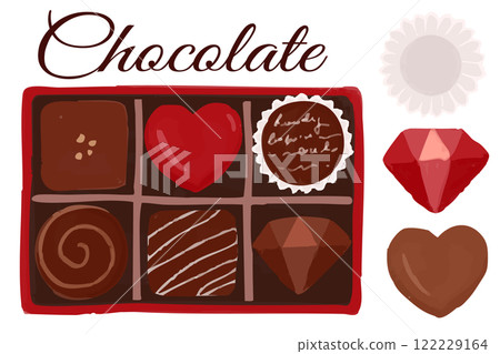 一個盒子裡的 6 件巧克力禮物的插圖可以更改以替換或排列巧克力。 一個盒子裡的 6 件巧克力禮物的插圖可以更改以替換或排列巧克力。 122229164