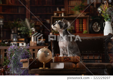 Miniature Schnauzer posing against a retro background 122229207