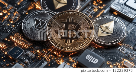 Cryptocurrency coins placed on a circuit board, showcasing digital finance innovation and technology advancement. Generative AI Cryptocurrency coins placed on a circuit board, showcasing digital finance innovation and technology advancement. Generative AI 122229373