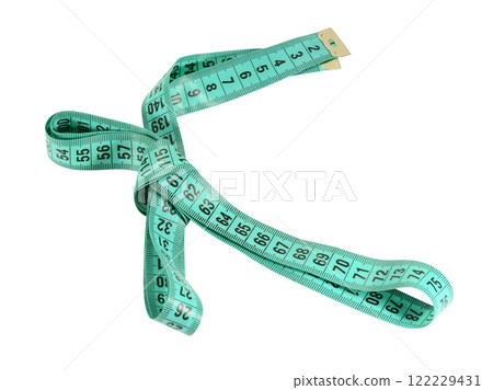 Closeup of measuring tape tied in a bow isolated 122229431