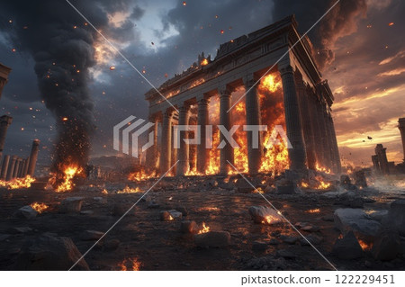Catastrophic fire engulfs ancient temple, showcasing the beauty and destruction of a monumental past. Generative AI 122229451