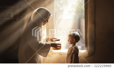Joyful bond between a mother and child illuminated by sunlight in a warm, humble home. Generative AI 122229460