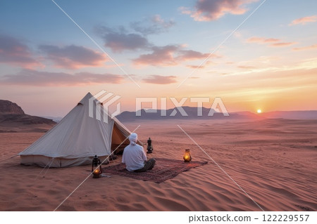 Experiencing tranquil solitude at sunset in a serene desert landscape with a traditional tent. Generative AI 122229557