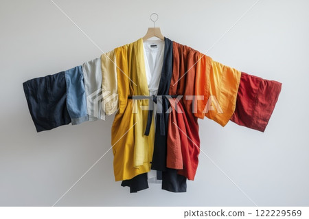 Colorful traditional garment uniquely displayed against a minimalistic backdrop in a bright, inviting space. Generative AI Colorful traditional garment uniquely displayed against a minimalistic backdrop in a bright, inviting space. Generative AI 122229569