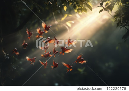 Vibrant flock of scarlet birds soaring through sun-drenched forest beams on a tranquil morning adventure. Generative AI Vibrant flock of scarlet birds soaring through sun-drenched forest beams on a tranquil morning adventure. Generative AI 122229576