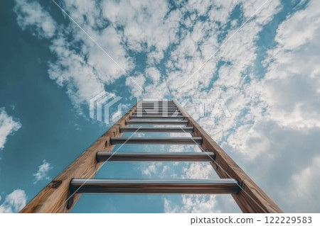 Reaching for the sky with a wooden ladder under a beautiful, expansive blue sky filled with clouds. Generative AI 122229583
