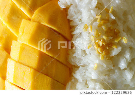 Delicious Mango sticky rice, Thai dessert from sticky rice, ripe mango, coconut milk. 122229626