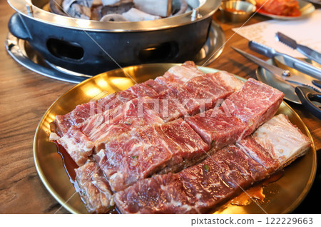 Korean traditional BBQ food. raw beef ribs 122229663