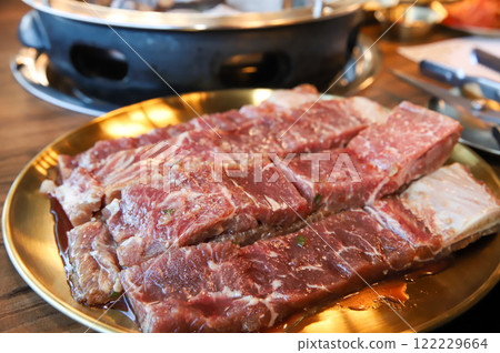 Korean traditional BBQ food. raw beef ribs Korean traditional BBQ food. raw beef ribs 122229664