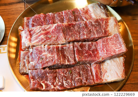 Korean traditional BBQ food. raw beef ribs 122229669