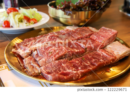 Korean traditional BBQ food. raw beef ribs 122229671