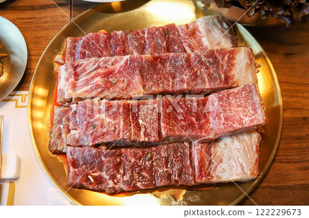 Korean traditional BBQ food. raw beef ribs 122229673
