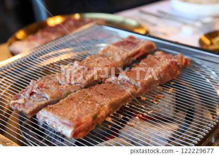 Korean traditional BBQ food. raw beef ribs 122229677