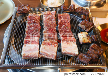 Korean traditional BBQ food. raw beef ribs Korean traditional BBQ food. raw beef ribs 122229688