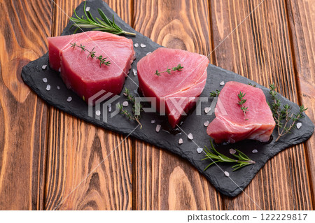 Raw tuna steak ( fillet ) photography . Top view 122229817