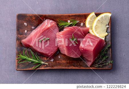Raw tuna steak ( fillet ) photography . Top view 122229824
