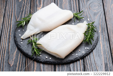 Squid tube and ring photography . Seafood top view Squid tube and ring photography . Seafood top view 122229912