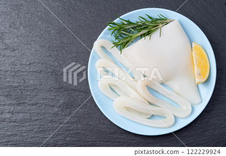 Squid tube and ring photography . Seafood top view Squid tube and ring photography . Seafood top view 122229924