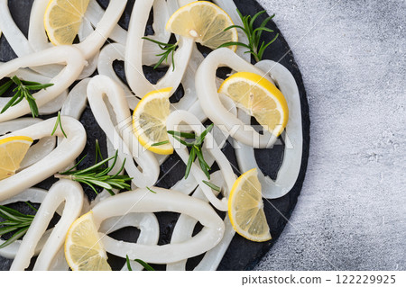 Squid tube and ring photography . Seafood top view 122229925
