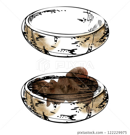 Ceramic plate dish bowl for hobby, handmade, food, empty and filled. Hand drawn in watercolor and ink. Illustration for pottery shop logo, art class, print, website, restaurant or cafe menu, booklet. Ceramic plate dish bowl for hobby, handmade, food, empty and filled. Hand drawn in watercolor and ink. Illustration for pottery shop logo, art class, print, website, restaurant or cafe menu, booklet. 122229975
