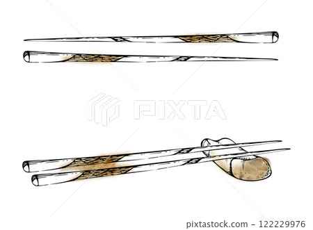 Japanese Chinese chopsticks on rest, wood bamboo plastic lacquered utensils for eating cooking, hand drawn in watercolor and ink. Illustration for restaurant, cafe menu, kitchen print, recipe book 122229976