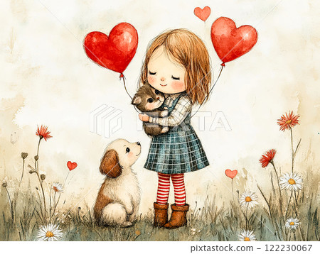 Girl with puppy and kitten on grass with spring flowers, heart-shaped balloons, delicate watercolor for Valentine's Day Girl with puppy and kitten on grass with spring flowers, heart-shaped balloons, delicate watercolor for Valentine's Day 122230067