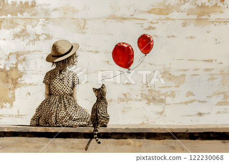Vintage style watercolor with girl and kitten looking at flying away red heart-shaped balloons, pastel top, , idea for vintage valentine's day card 122230068
