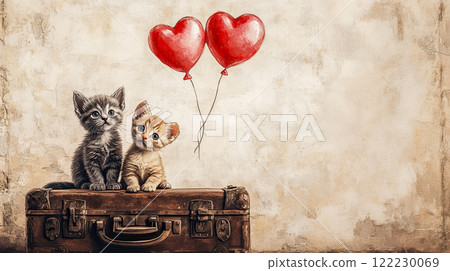 Two cute kittens sitting on a leather old suitcase, red heart-shaped balloons nearby, idea for a vintage Valentine's Day card 122230069