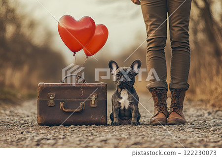 Vintage style valentine's day card with french bulldog next to suitcase and heart-shaped balloons next to young man's legs, travel time 122230073