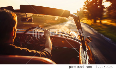 Man enjoying a trip behind the wheel of a retro convertible, surrounded by soft golden light of nature, selective focus on the steering wheel and the man's hands. Man enjoying a trip behind the wheel of a retro convertible, surrounded by soft golden light of nature, selective focus on the steering wheel and the man's hands. 122230080