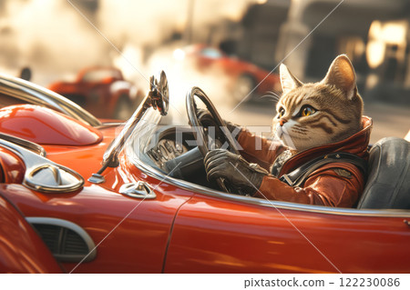 Portrait of anthropomorphic cat driving vintage car from 1960s, retro car travel and racing concept Portrait of anthropomorphic cat driving vintage car from 1960s, retro car travel and racing concept 122230086