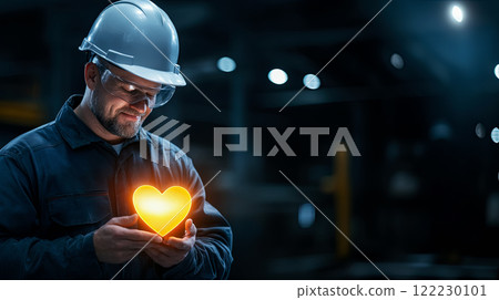 Male metallurgist in helmet holding glowing cast iron heart, Valentine's Day gift, postcard idea with copy space for text Male metallurgist in helmet holding glowing cast iron heart, Valentine's Day gift, postcard idea with copy space for text 122230101