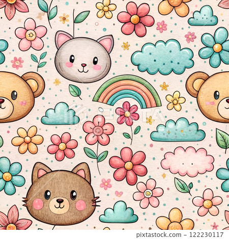 Seamless cartoon animal pattern with cute baby animals like cats and bears with hearts and fun pink designs 122230117
