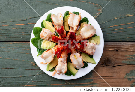 Salad with tiger shrimps , avocado and mango . Top view 122230123
