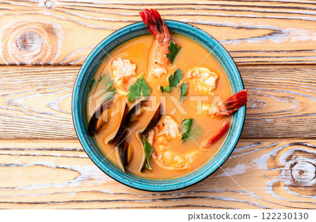 French seafood bouillabaisse soup with shrimps and mussels photography . Top view French seafood bouillabaisse soup with shrimps and mussels photography . Top view 122230130