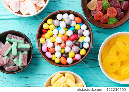 Mix of colorful candies . Top view Mix of colorful candies . Top view 122230203