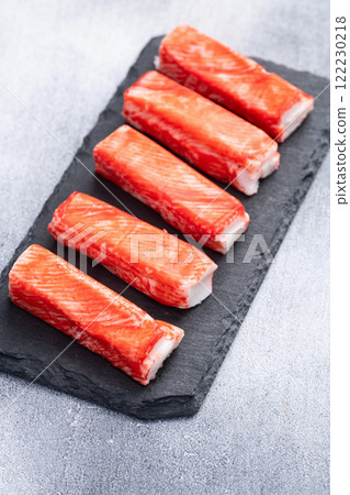 Crab sticks from fish surimi photography . Top view 122230218
