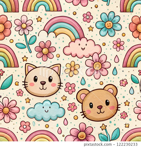 Cartoon cat and flowers seamless pattern for children Cute and funny design in pink tones. Cartoon cat and flowers seamless pattern for children Cute and funny design in pink tones. 122230233