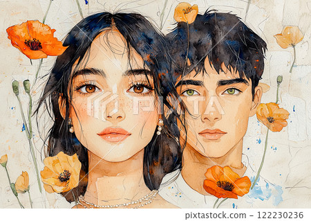 Young lovers, Art Nouveau composition with a captivating natural setting of blooming spring poppies, Valentine's Day card 122230236