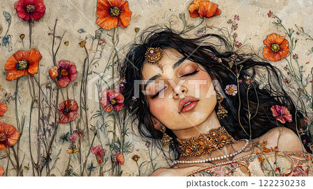 Charming watercolor with a beautiful young woman dreamily closing her eyes against a vintage Art Nouveau background of bright orange poppies. 122230238