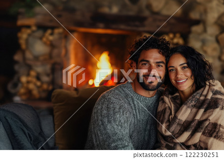 Mature couple sitting by fireplace in chateau living room, happy spouses celebrate valentine's day on nature trip 122230251