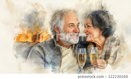 A cozy scene shows an elderly couple enjoying a glass of champagne by the fireplace on their anniversary, their faces glowing with warmth and contentment, Valentine's Day card A cozy scene shows an elderly couple enjoying a glass of champagne by the fireplace on their anniversary, their faces glowing with warmth and contentment, Valentine's Day card 122230268