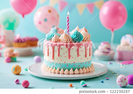 Poster with a beautiful birthday cake, bright juicy colors of a birthday greeting card 122230287