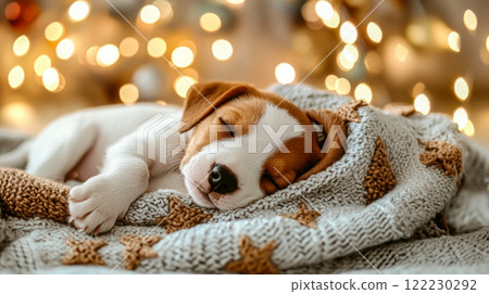 Poster with beagle puppy sleeping on blanket, close up, birthday card idea and pet care Poster with beagle puppy sleeping on blanket, close up, birthday card idea and pet care 122230292