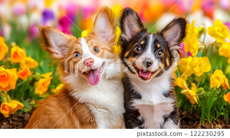 Happy funny corgi puppies in front of blooming spring flowers, birthday banner or card idea 122230295