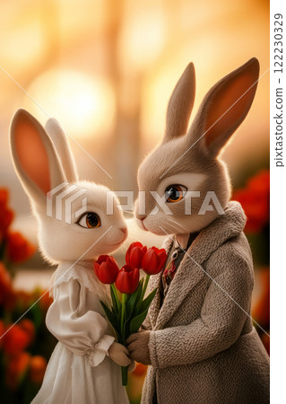 Portrait of rabbits on a date, a bouquet of red tulips in their paws, a postcard for Valentine's Day or a wedding invitation 122230329
