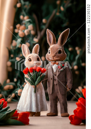Vertical greeting card with two cute bunnies newlyweds standing on colorful tulips, congratulations on Valentine's Day, engagement invitation card Vertical greeting card with two cute bunnies newlyweds standing on colorful tulips, congratulations on Valentine's Day, engagement invitation card 122230332