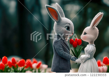 Spring scene of meeting of two rabbits in love against the background of bright red tulips, copy space postcards for Valentine's Day Spring scene of meeting of two rabbits in love against the background of bright red tulips, copy space postcards for Valentine's Day 122230333